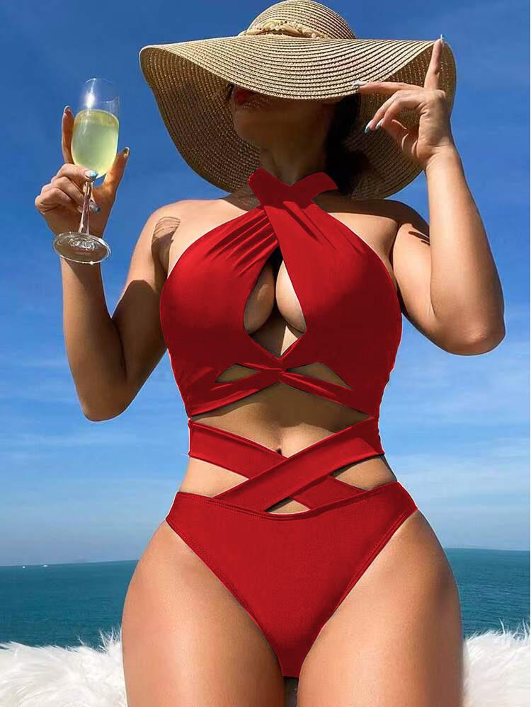 

2025 Сексуальное однотонное бикини с перекрестной спинкой и разрезом для женщин XL красный