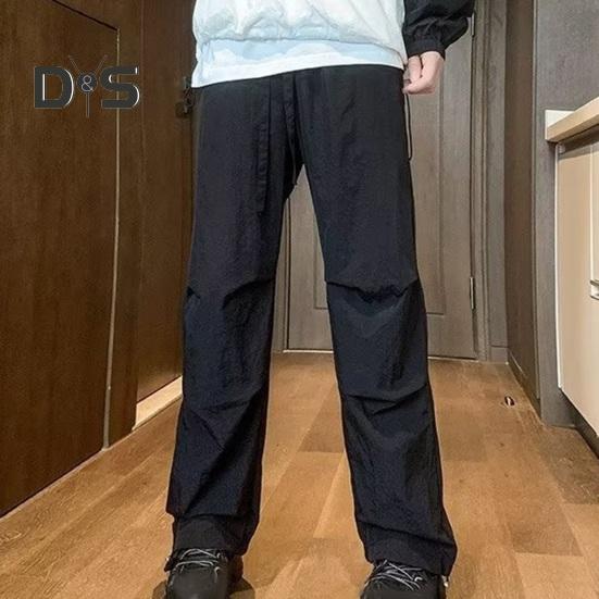 

Men Solid Color Cargo Pants Elastic Waist Drawstring Side Pockets Sport Pants Straight Wide Leg Casual Hip Hop Long Trousers