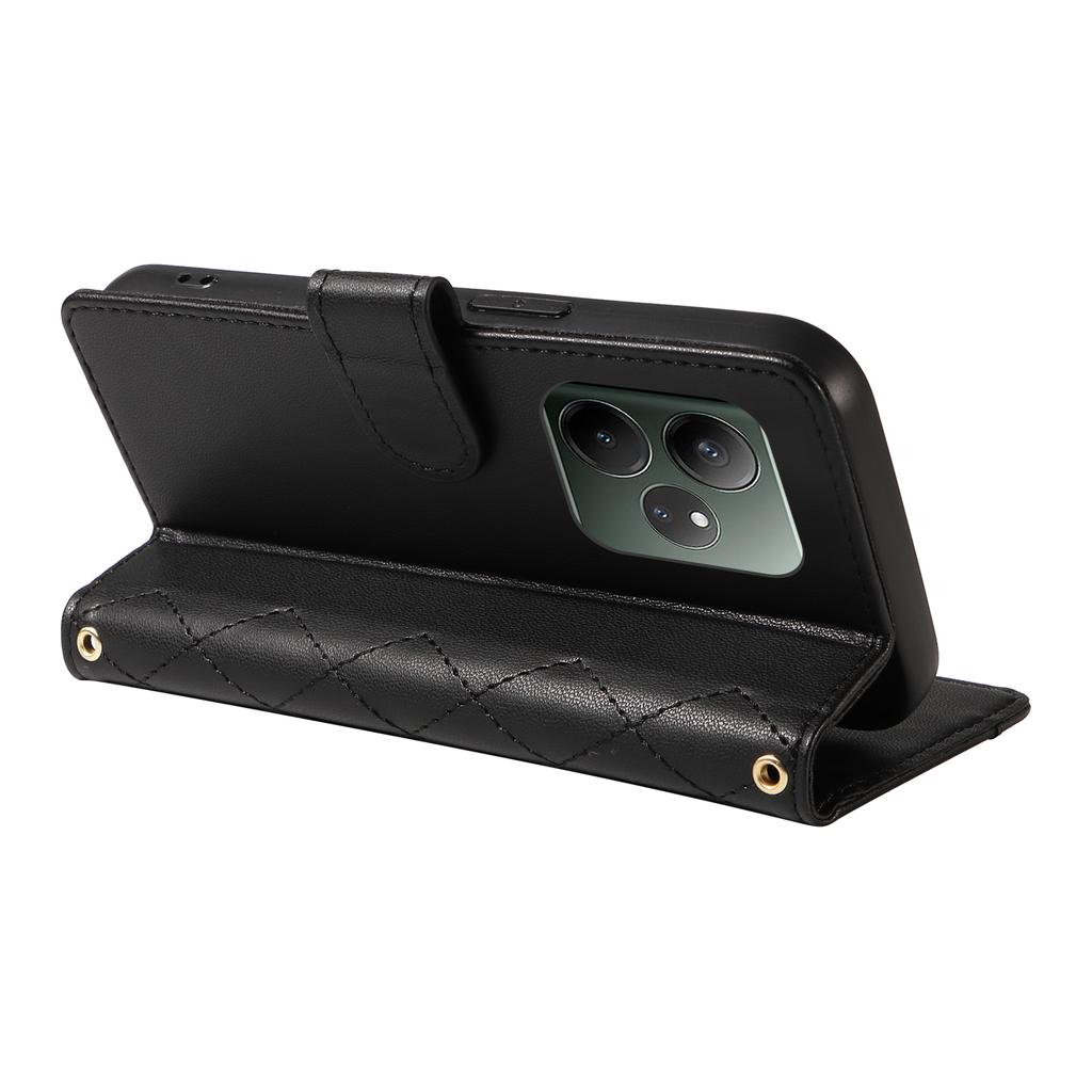 For Realme GT 6 5G Case Wallet Rhombus Leather Phone Cover with Shoulder Strap,Wrist Strap