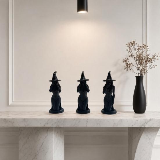 3 Pcs Witch Figurine, 3D Printed Hear See Speak No Evil Witch Statue, Gothic Tabletop Ornament for Halloween Desktop Bookshelf Home Decor