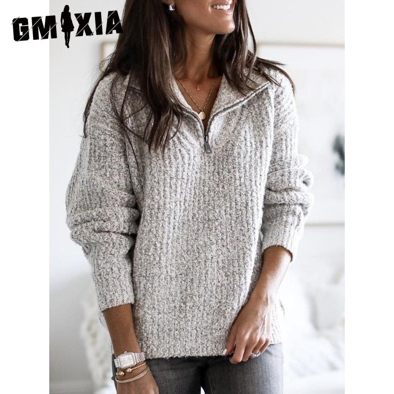 

GMXIA Женская мода, повседневный однотонный принт, осень-зима, свободные свитера с длинным рукавом и воротником-молнией XXXXXL светло-серый