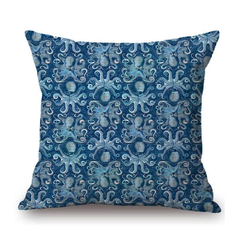 Ocean Blue Sea Life Marine Acquatics Jelly Fish Seashell Starfish Pattern Stylish Nordic Pillow Case Cotton Linen Cushion Cover