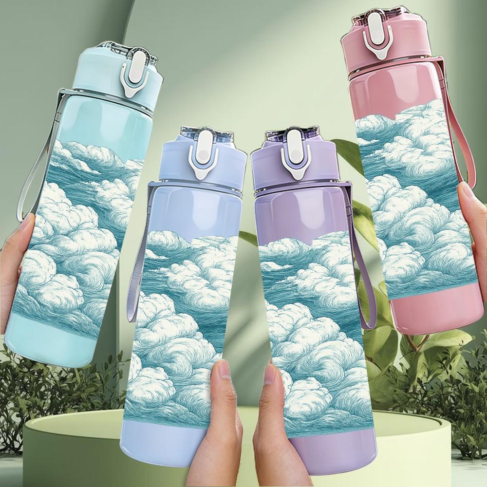 1PC Soft White Blue Cumulus Cloud Texture Print 750ml Color Plastic Sports Water Bottle Leakproof Flip Straw Lid Suitable for Sports Office Home Use