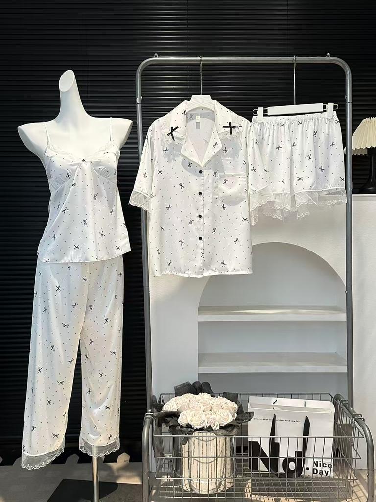 Spring and summer new ice silk pajamas fresh women's suspenders four-piece set high-end lace temperament loungewear trousers set