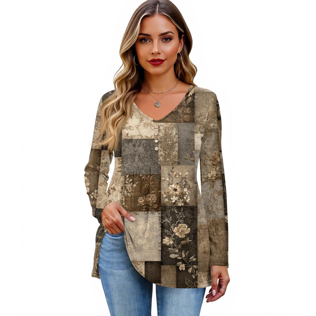 Women's Fashion Casual Long Sleeve Solid Color Shirt Women's V-Neck Tops