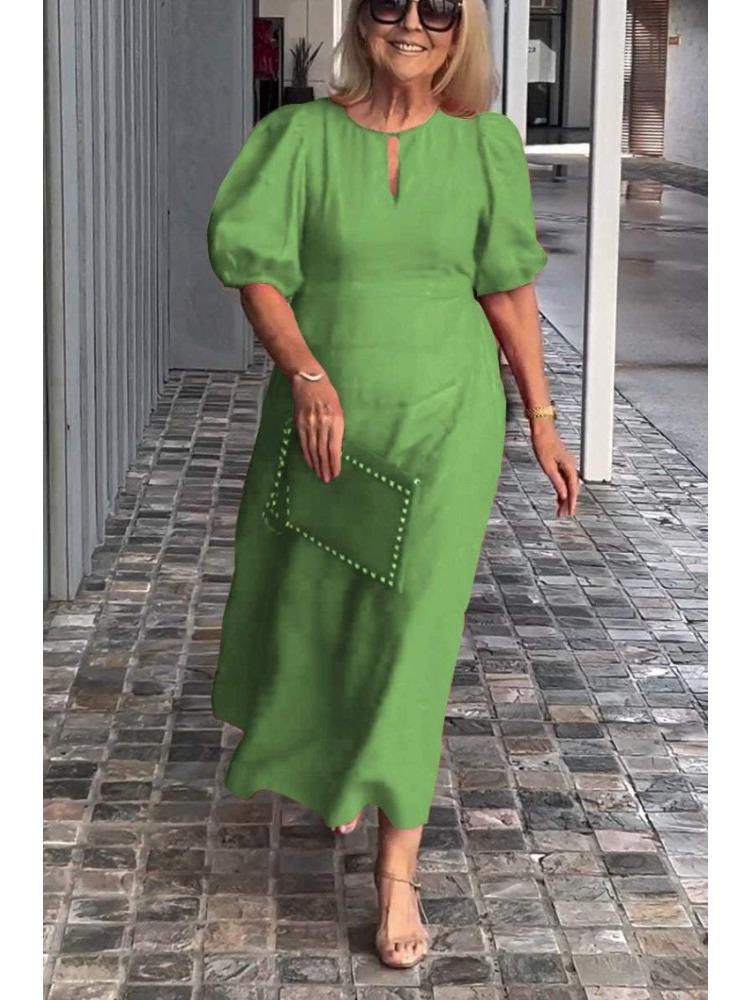 Damen Frühlings-Sommer Einfarbig Locker Sitzend Bequem Lässig Rundhals Pullover-Stil Kleid mit Puffärmeln