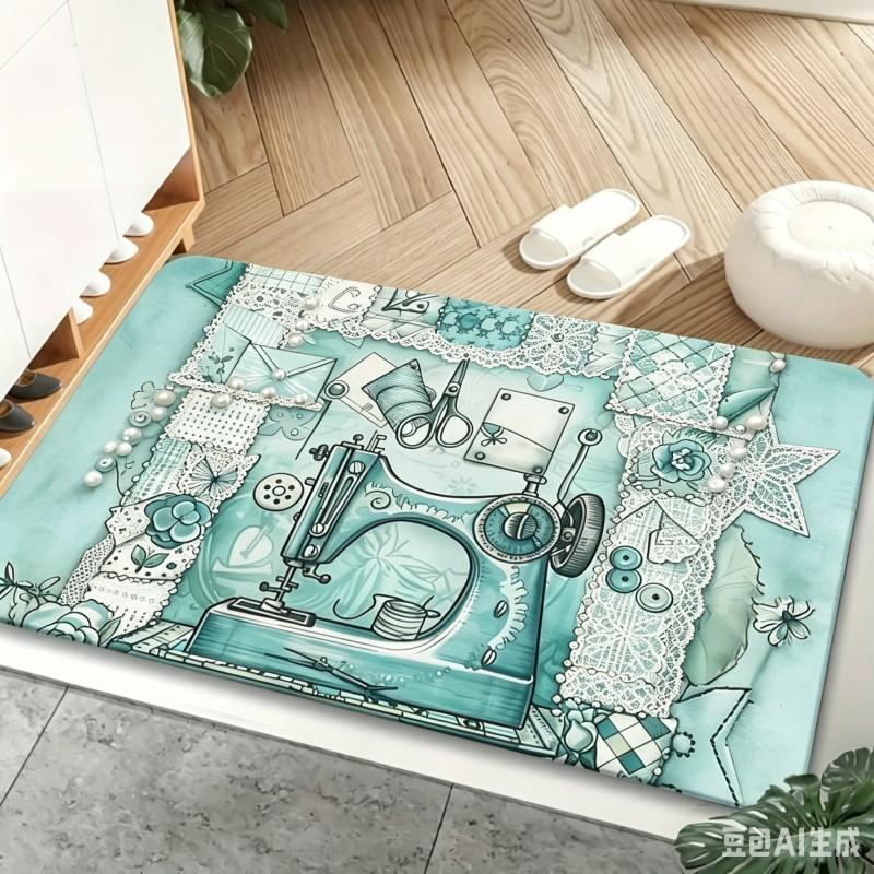 Retro Sewing Machine Welcome Doormat Colorful Quilting Patchwork Pattern Floor Mat Sewing Lover Gift Entryway Decor Rug