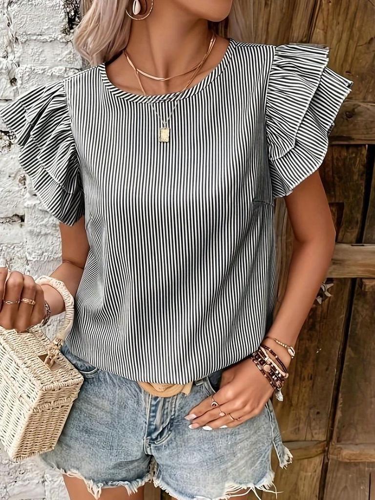 Women's Summer New Style Round Neck Striped Ruffles Sleeve Shirt Top