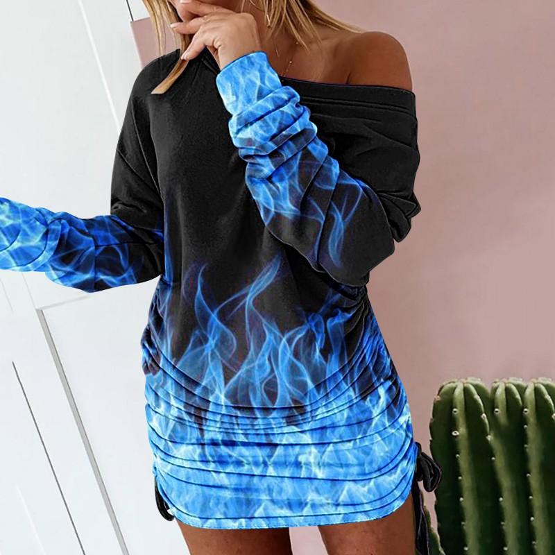 

European American Drawstring Wrinkled Printed Long-sleeved Dress S