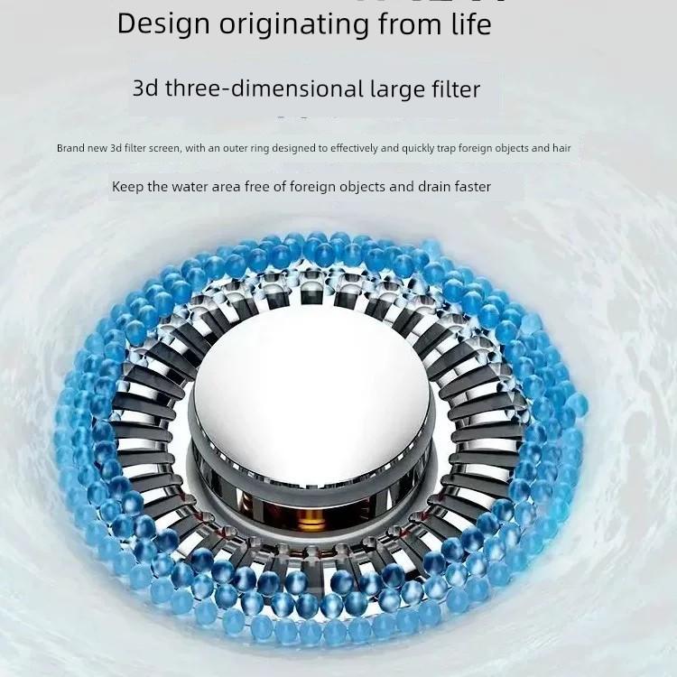 Press-Type Drain Plug for Washbasin, Sink, and Basin with Pop-Up Core Filter To Prevent Clogging and Odor Return