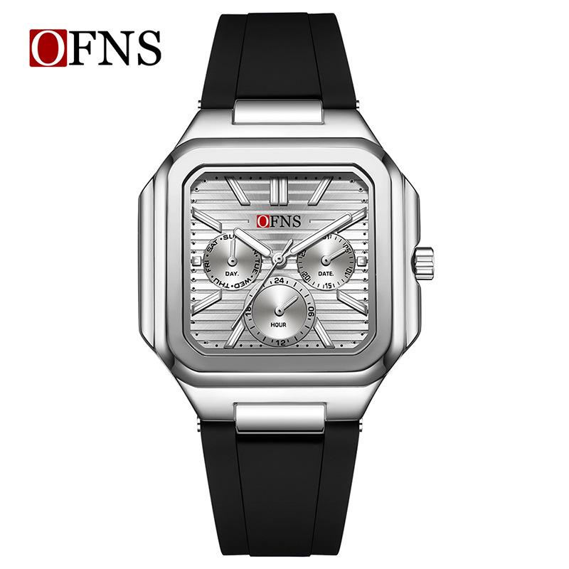 OFNS Six-Hand Men's Square Quartz Watch: Luminous, Day-Date, 30M Waterproof, Silicone Steel Band, Hot Seller