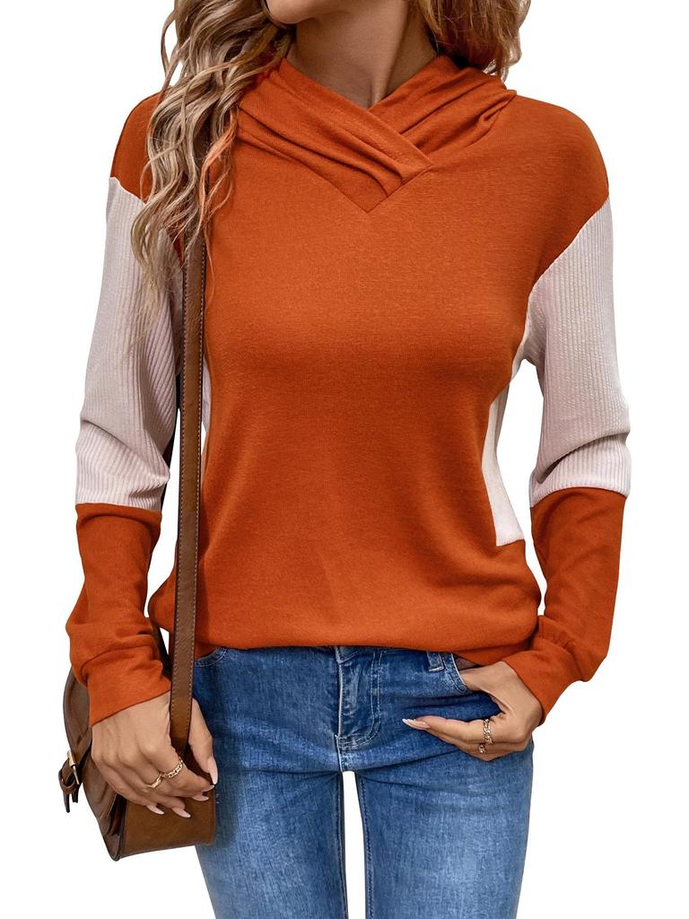 2025 Autumn Color Block Patchwork Knit Women's Hoodie with Hood