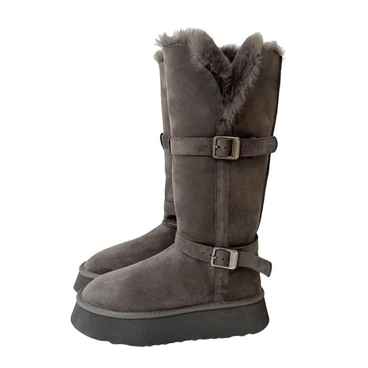 Cowhide~ 2025 winter wool integrated gray snow boots women's thick-soled heightened velvet thickened long-tube snow cotton shoes