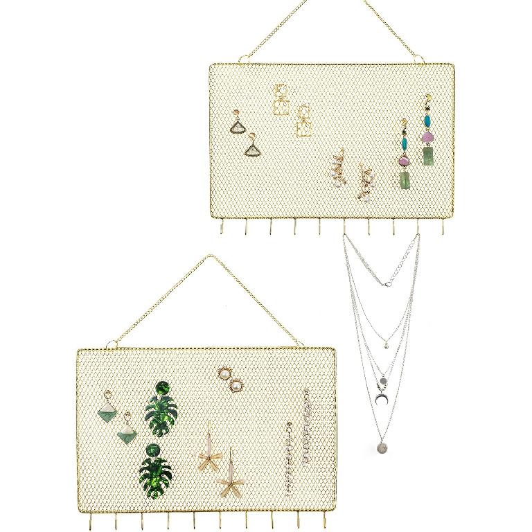 Heesch 2 Pack Earring Holder Wall Mounted Hanging Jewelry Organizer Display Decorative Metal Diamond Shape with Hooks for Necklaces Bracelets (Gold)