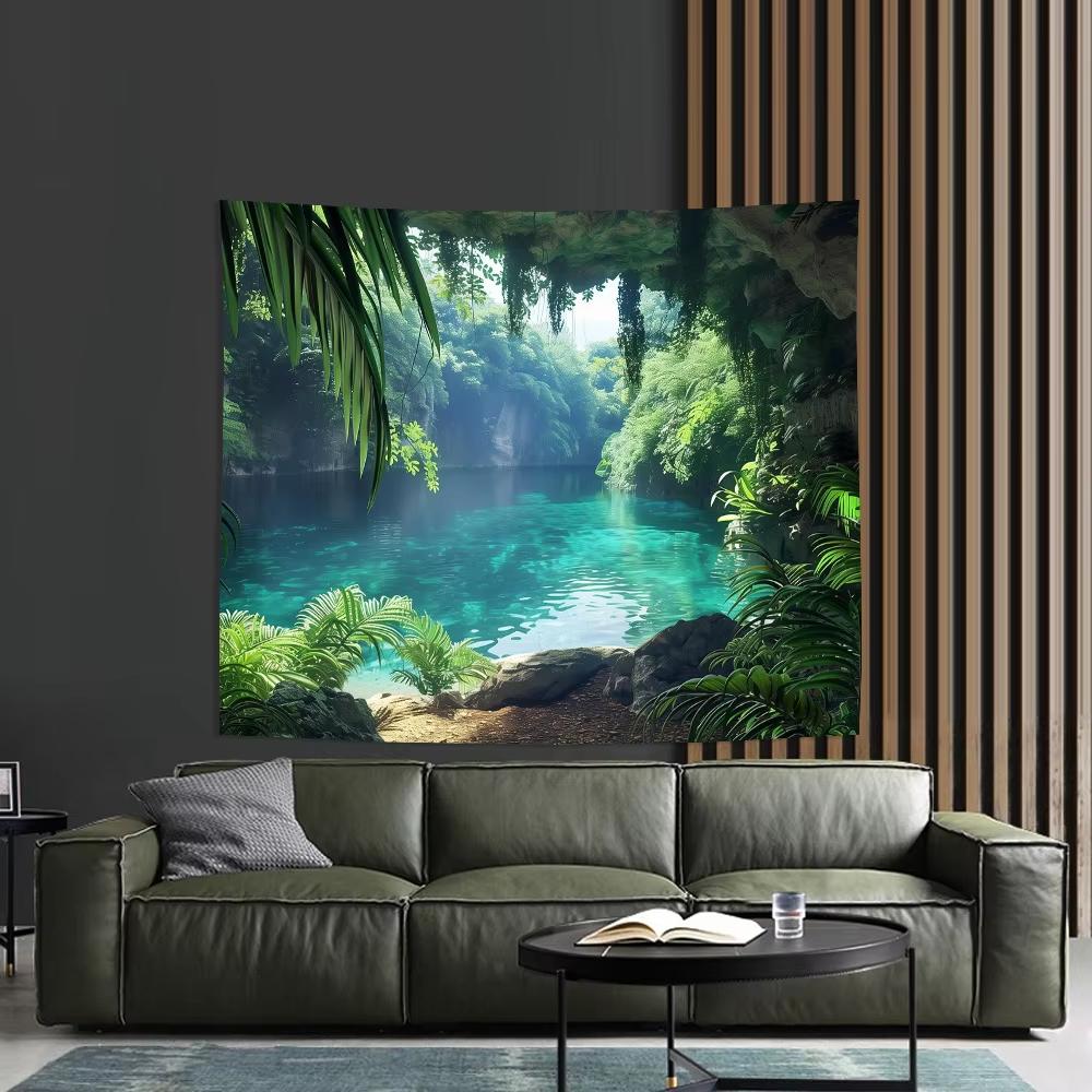 VIKAMA Гобелен Тропический Лес Изумрудно-Зеленое Озеро Солнечный Свет Тени Деревьев Гостиная Кабинет Декор в Натуральном Стиле 74x94cm(29x37in)