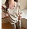 Snowflake Cotton Korean Version Women's Clothing V-neck Loose Front Shoulder Short-sleeved T-shirt Women's High-end Sense Lazy Wind Wear Solid Color C