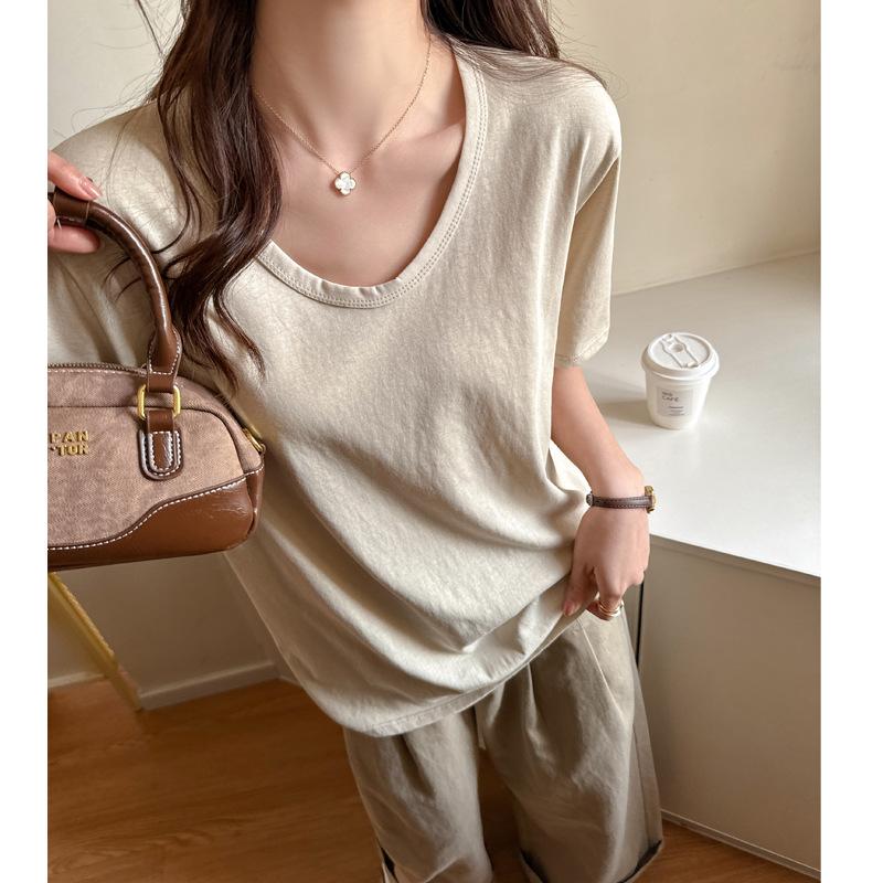 Snowflake Cotton Korean Version Women's Clothing V-neck Loose Front Shoulder Short-sleeved T-shirt Women's High-end Sense Lazy Wind Wear Solid Color C