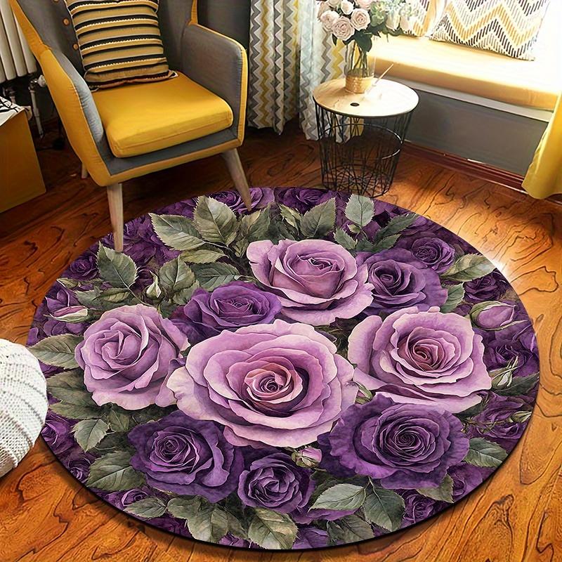 

Круглий килим з акварельною фіолетовою трояндою, нековзкий, можна прати в машині, 2D плаский м який килим для вітальні, спальні, романтичний декор 60X60cm