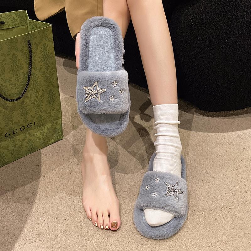 Leisure Slippers Woman Casual Flat Low Heels Sweet Basic Shoes for Women Solid Pearl Fur Slip On Star Winter Slides Plus Size