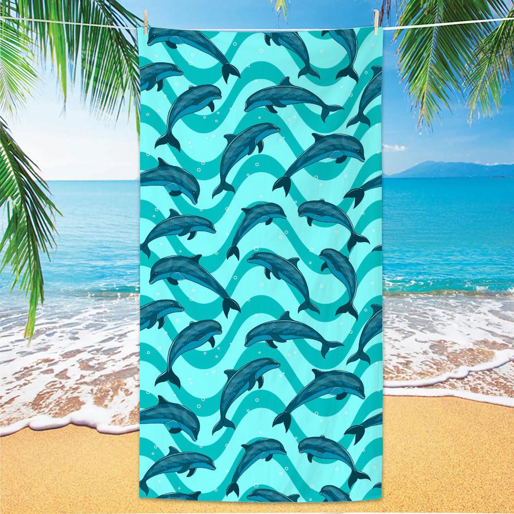 Watercolor Starfish & Seashell Beach Towel, Mint Green Ocean Print Quick-Dry Towel