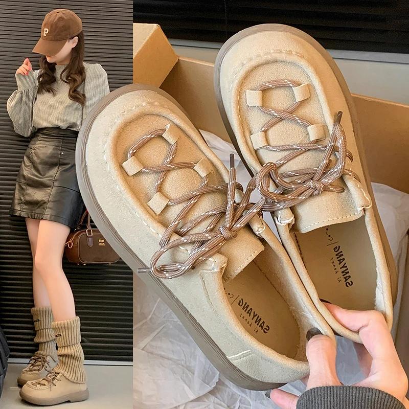 Women's Casual Shoes Suede  Straps Flat Shoes Women Leisure Round Heel Flannel Spring Round Heel Retro Zapatillas De Mujer