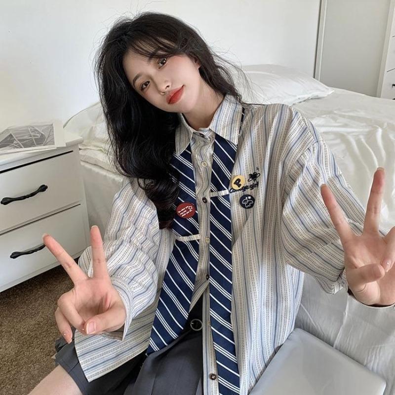 

Женская полосатая рубашка с галстуком, в стиле колледжа, свободного кроя, с длинным рукавом, осенняя, повседневная, универсальный женский кардиган XXL небесно-голубой