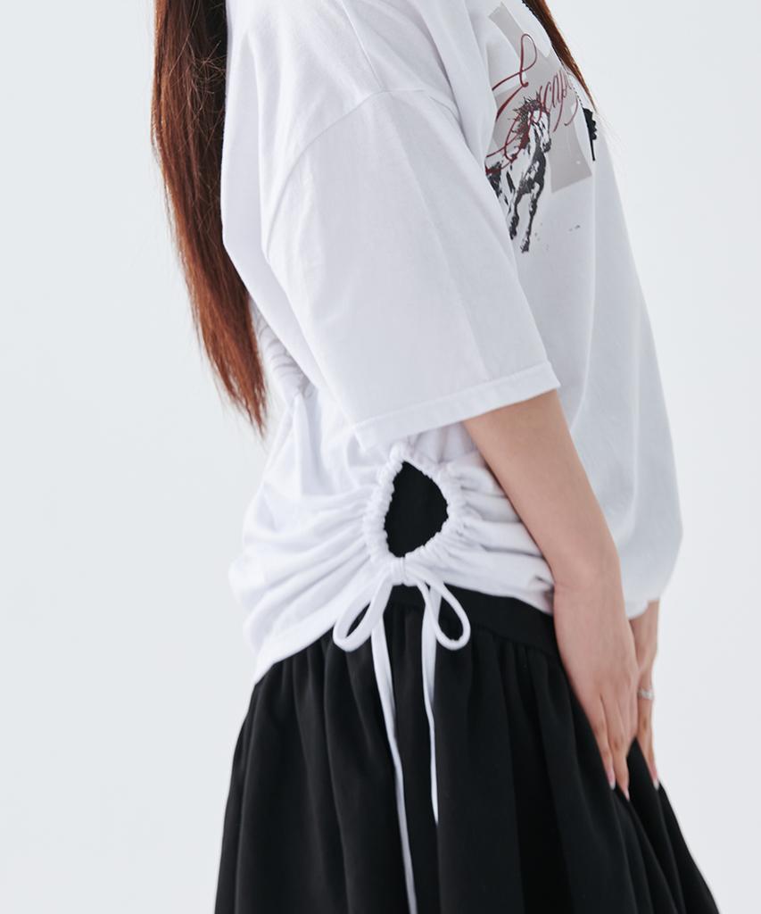 ESCAPEFROM [Escf X Hot Today] Cross Angel Print Side Shirring Detail Loose Fit One-Shoulder Short Sleeve T-Shirt White