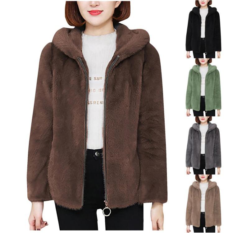 Women's Warm Zippered Hooded Sweater Solid Color Coral Velvet Loose Lamb Wool Jacket Double Sided