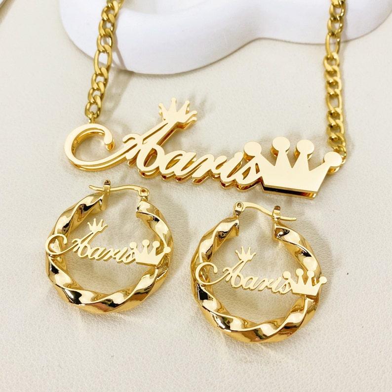 Stainless Steel Gold Plated Customizable Double Layer Crown Name Necklace and Twisted Hoop Earrings Wedding Jewelry Set