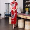 Women Dress Chinese National Style Floral Print Stand Collar Short Sleeves High Side Split Chinese Knot Buttons Cheongsam Satin Silky Slim Fit Summer