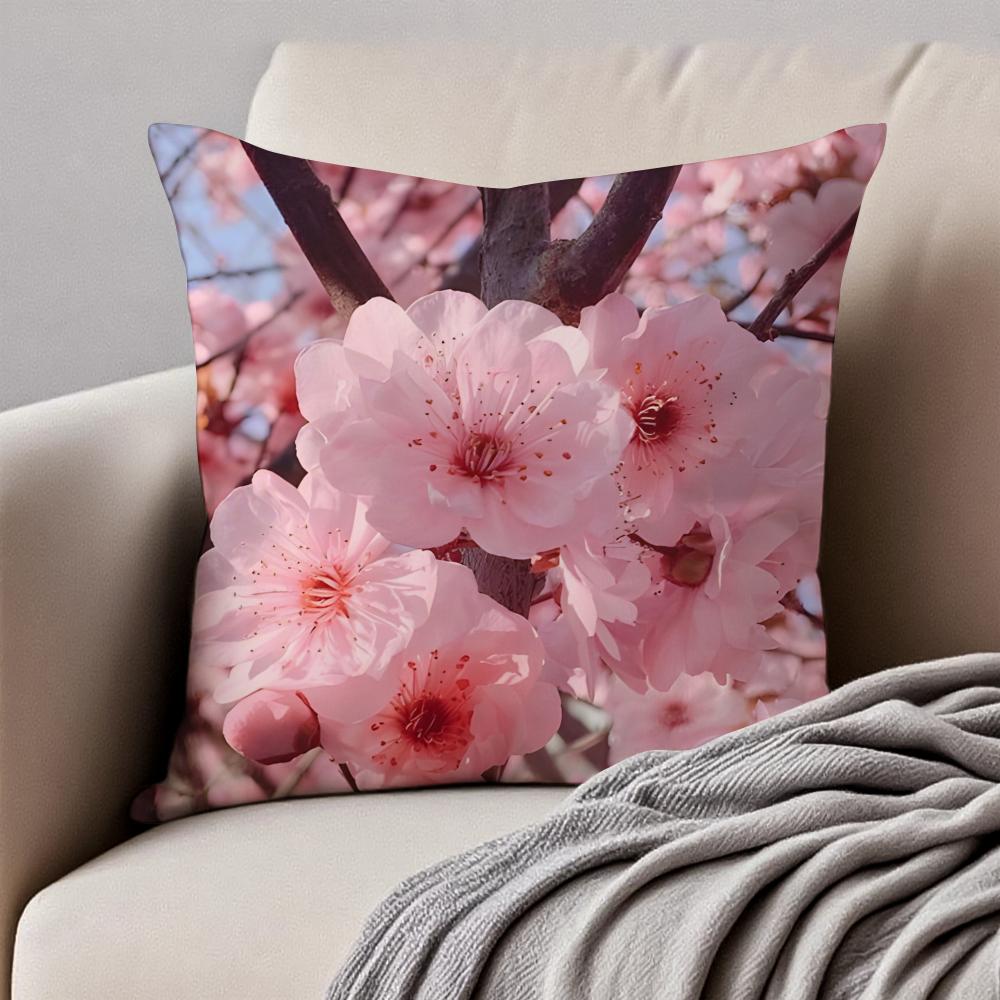 Beautiful Cherry Blossoms Cushion Cover Pillowcase Antidustmite Invisible Zipper Short Plush Sofa Cushion