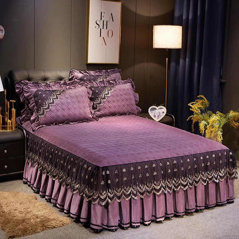 European-style Crystal Velvet Quilted Bed Skirt Single Piece Autumn Winter Thickened Lace Bedspread Bed Cover Non-slip Sheets