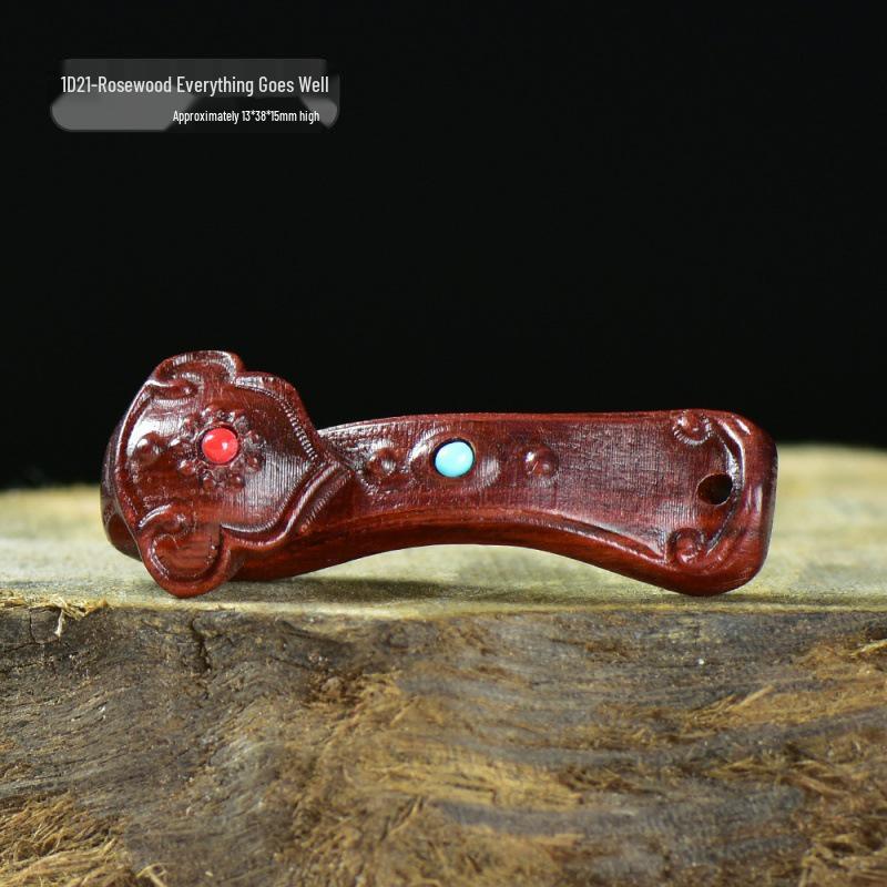Green Sandalwood & Ivory Nut Ruyi Wood Carving Pendant Keychain - Chinese Style DIY Rosewood & Wenge Accessory