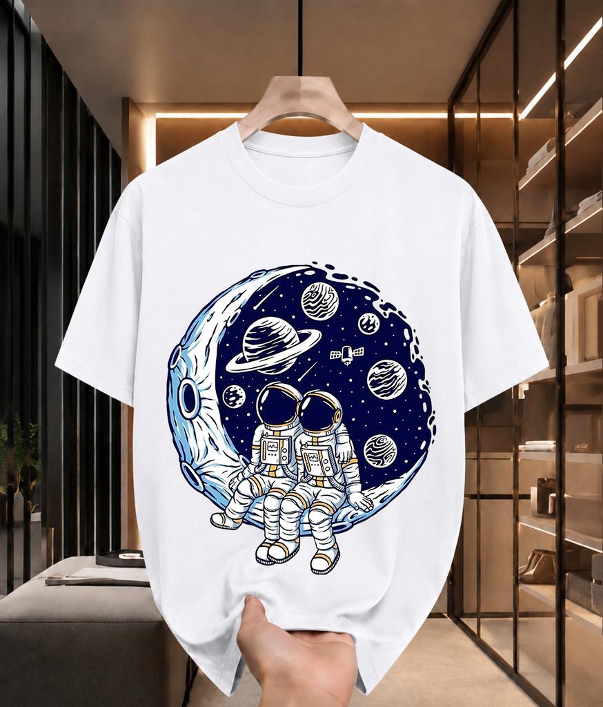 2026 New Arrival Pure Cotton Tshirt Two Astronauts Sitting On Crescent Moon Space Planet Print Crew Neck Unisex Casual Short Sleev