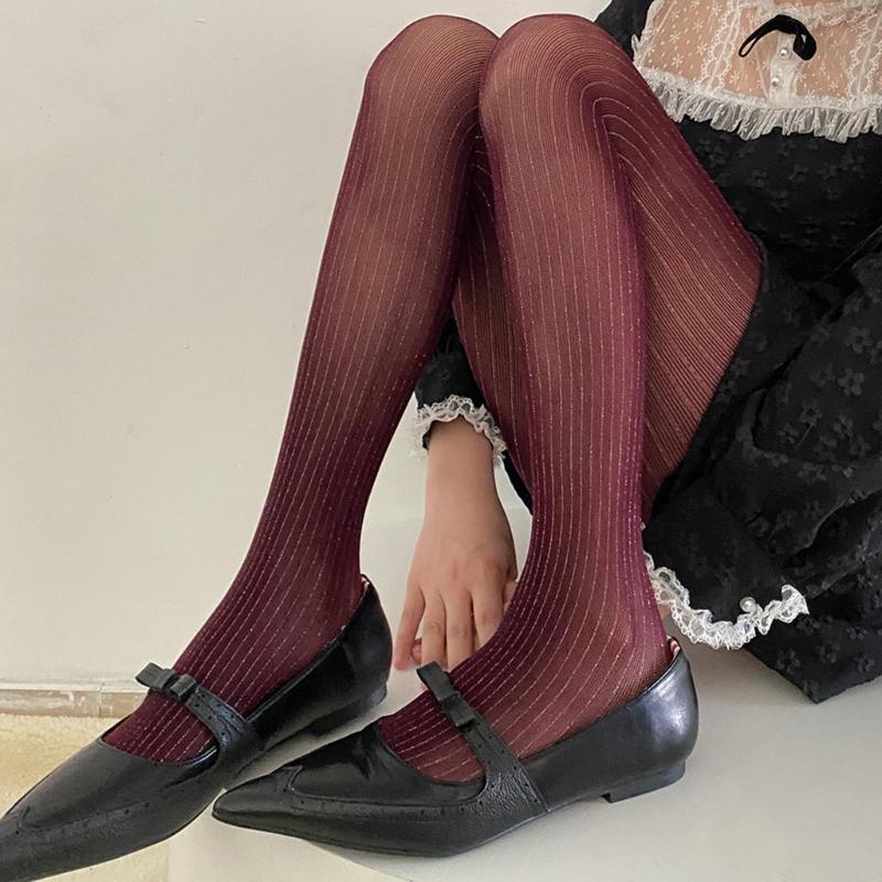 Women Thin Colored Stockings Shimmering Striped Sexy Semi Sheer Pantyhose Tights