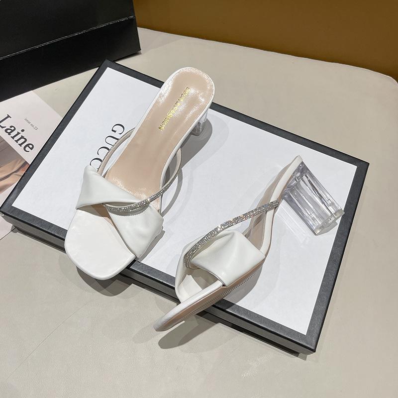 

One-word square head transparent heel half-drag women s summer wear 2025 new thick heel sandals open-toed high heels Korean version 40
