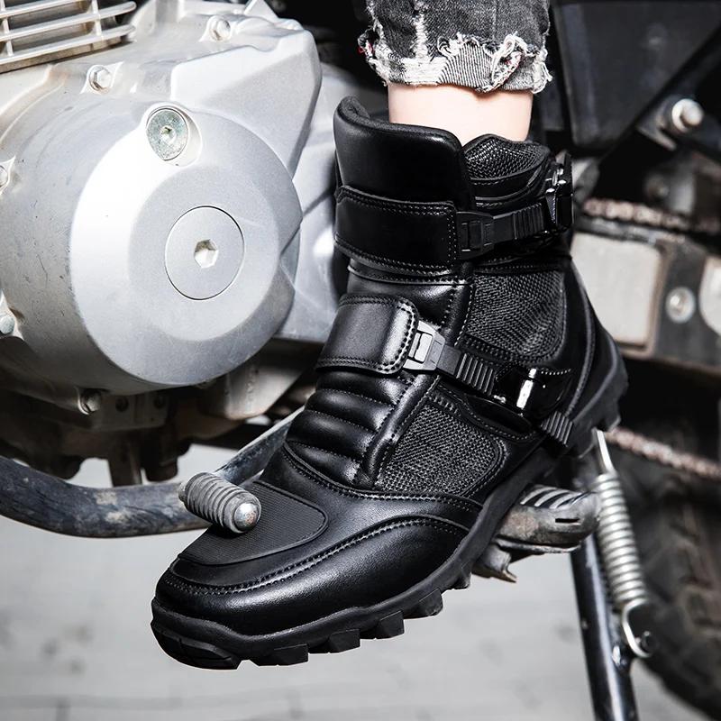 Black Leather Motorcycle Shoes Men Women Motocross Boots Summer Breathable Light Adventure Biker Boot For Urban Riding Racing