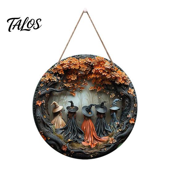 Custom Home Wall Decor Halloween Round Wooden Hanging Door Sign with 5 Witches, Decorative for Living Room Plaque Front Porch Yard Balcony Garden