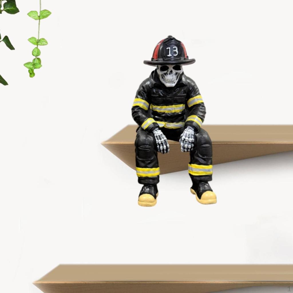 Firefighter Skeleton Statue Ornament Resin Sitter Figurine for Home Decoration