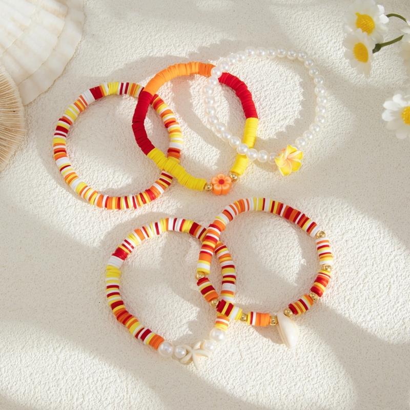 Handmade Soft Clay Beaded Bracelet Stackable Bracelet Heart Unisex Accessory Soft Clay Wristband Set for Fashion Lover