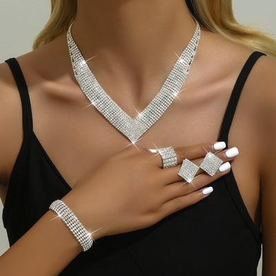 Middle East Popular Atmospheric Rhinestone Silver Plated Bridal Jewelry Necklace Bracelet Elastic Ring Set Dress