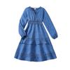 Girls' Lace Trim V-neck Waist-Cinching Long-sleeved Dress for Autumn