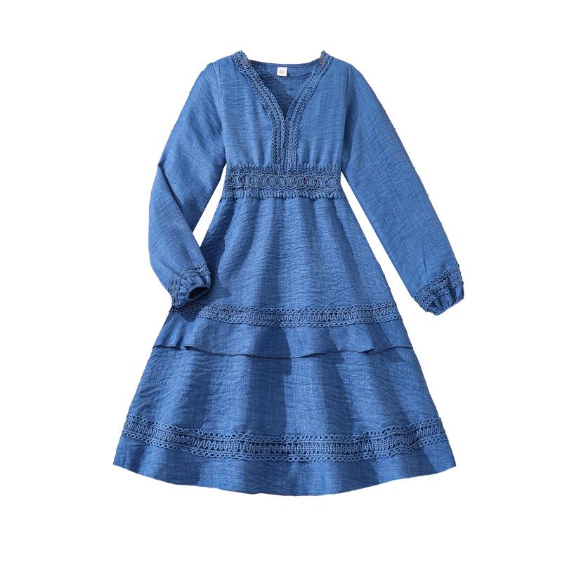 Girls' Lace Trim V-neck Waist-Cinching Long-sleeved Dress for Autumn