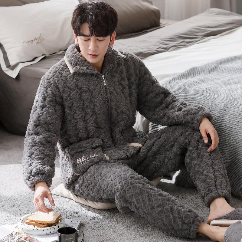 Pajamas Men'S Winter Thickened Three-Layer Coral Fleece Padded Cotton Large Size Autumn And Winter Flannel Zipper Loungewear Set