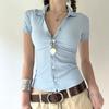 C703Tp Blue and White Vertical Striped Polo Collar Buttoned Patchwork Short-Sleeve T-Shirt, Slim Fit, Enhances Curves, Versatile for Outerwear