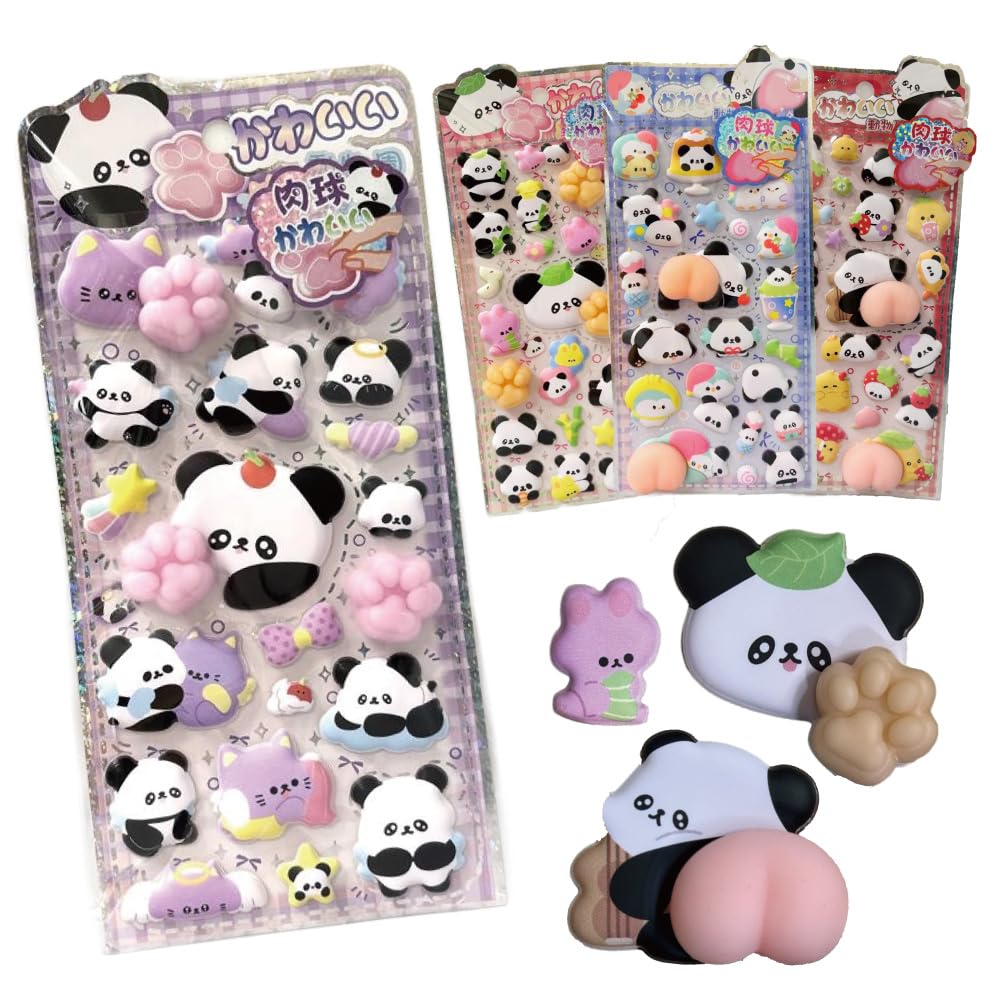 Squishy Panda Design 3D Stickers of Cute Animal Stickers for for Kids and Squeeze Toys (Set 4) - Silicone, Decoration, Adults,