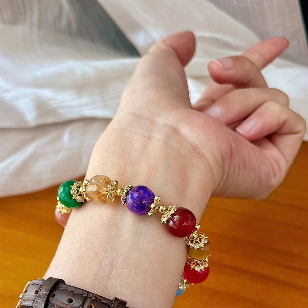 Retro Natural Chalcedony Tiger'S Eye Stone Tianhe Stone Powder Crystal Sunstone Duobao Bracelet Autumn And Winter Maillard