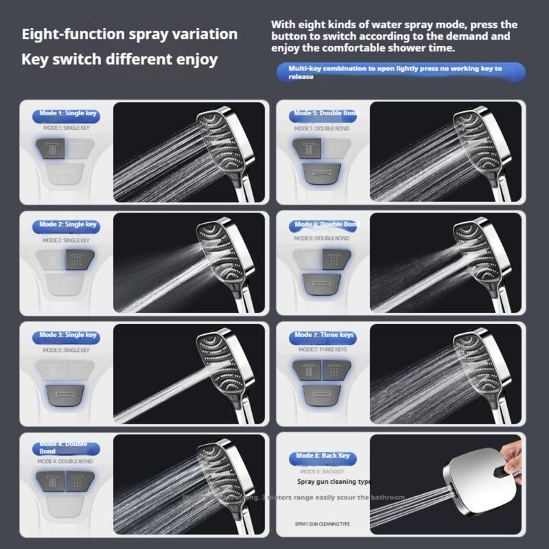 8 Modes Turbo Pressurized Shower Head 12cm Large Panel Water Saving Showerheads Explosion-proof Thickened ABS Filter Shower Head
