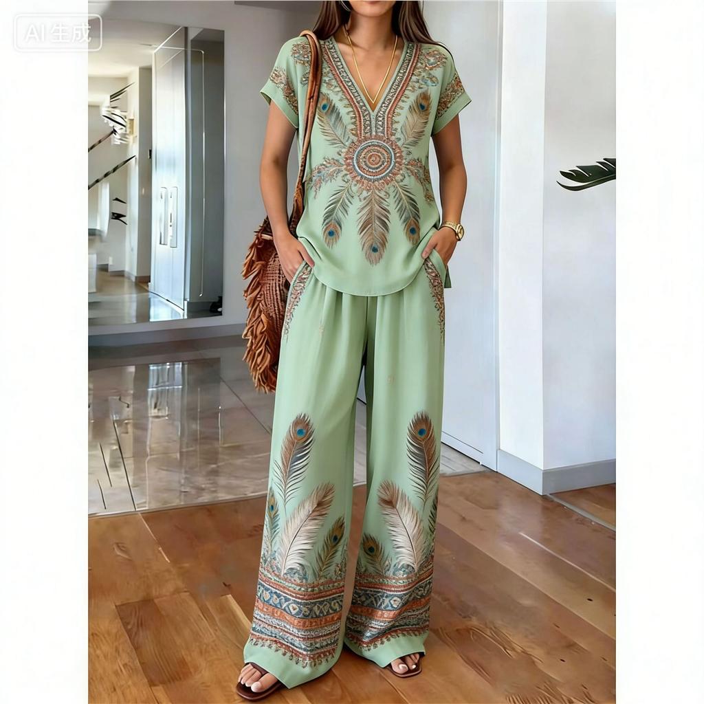 Y11116 Summer loose short-sleeved top wide-leg pants two-piece women's clothing European and American fashion suit