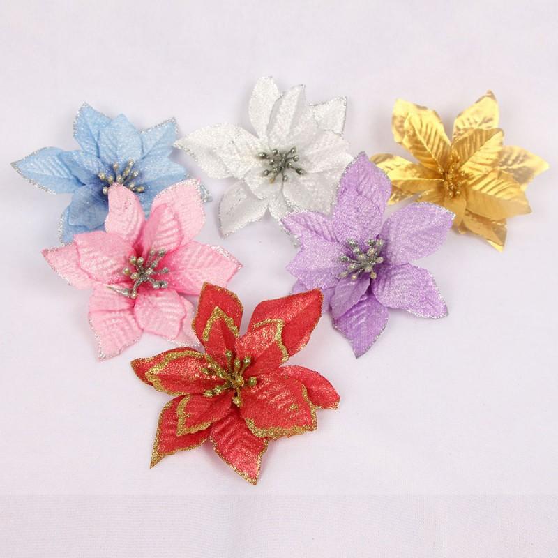 10pcs Glitter Artificial Flowers Decor for Home Christmas Wreath Tree Ornaments